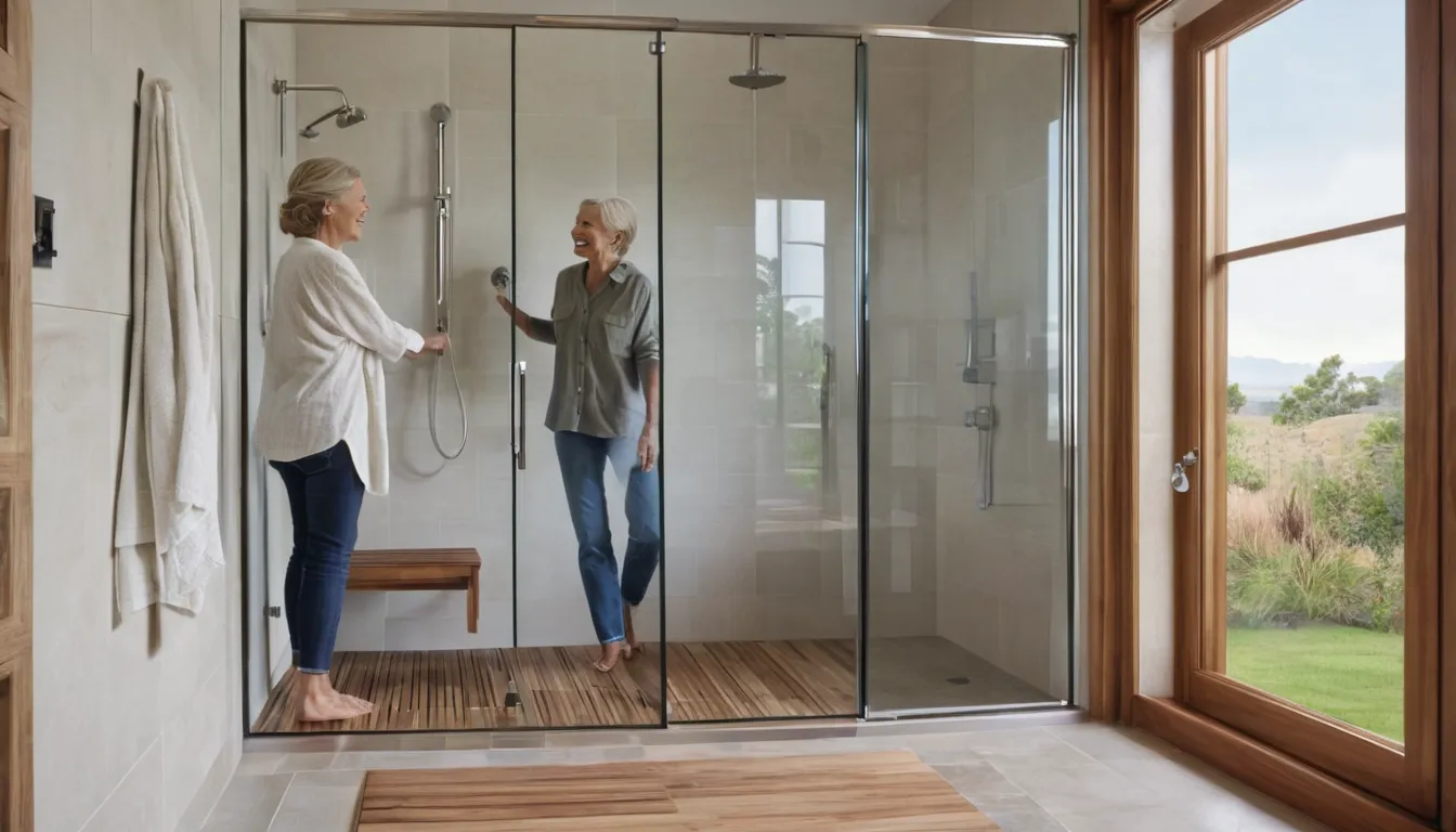 A bright, modern walk-in shower with a low entry, bench, and grab bar in a Dublin home